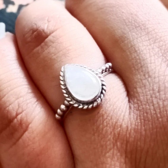 Solid 925 Sterling Silver Natural Pear Moonstone Twisted Rope Band Handmade Ring