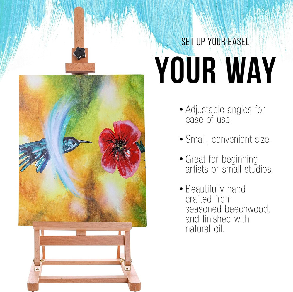 Medium Tabletop Wooden H-Frame Studio Easel - Artists Adjustable Beechwood Paint