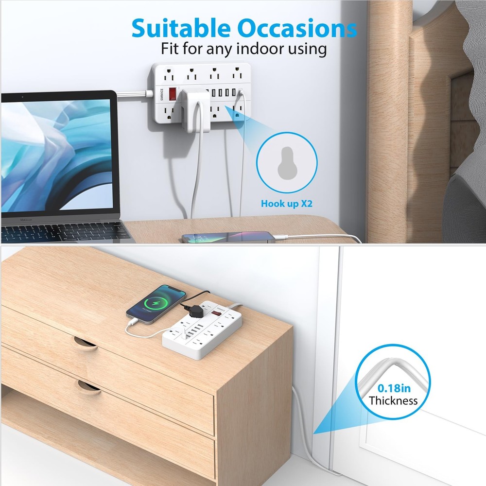 SMNICE Power Strip with USB,Surge Protector Flat Plug 8 5FT, White