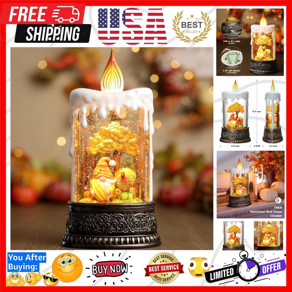 Fall Snow Globe Lantern Fall Decor Candle Shape with Gnome and Turkey, Lighte...