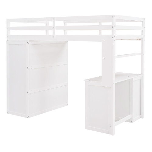 Solid Wood Loft Bed with Desk and Wardrobe Storage Cabinet Twin Size Bed Frames
