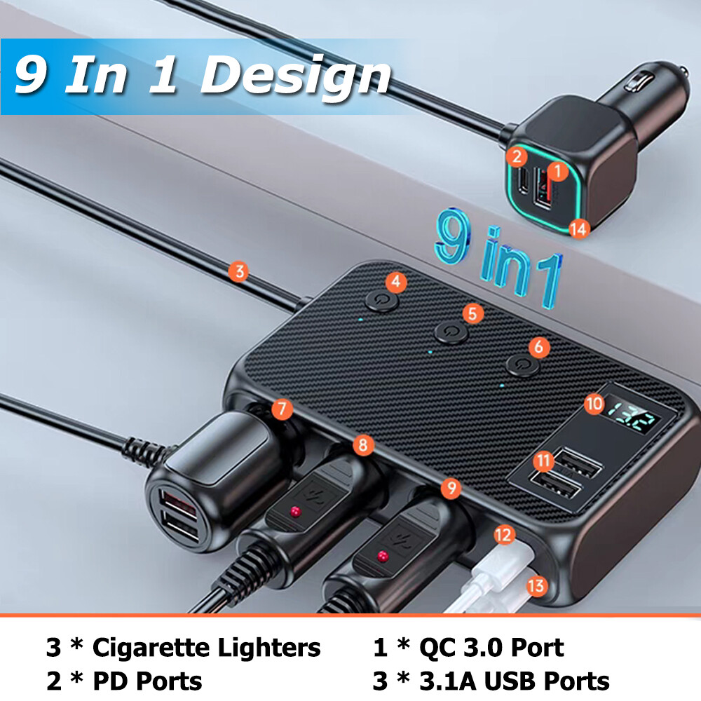 9in1 Car Cigarette Lighter Socket Splitter USB C Plug Fast Charging 3Way Adapter
