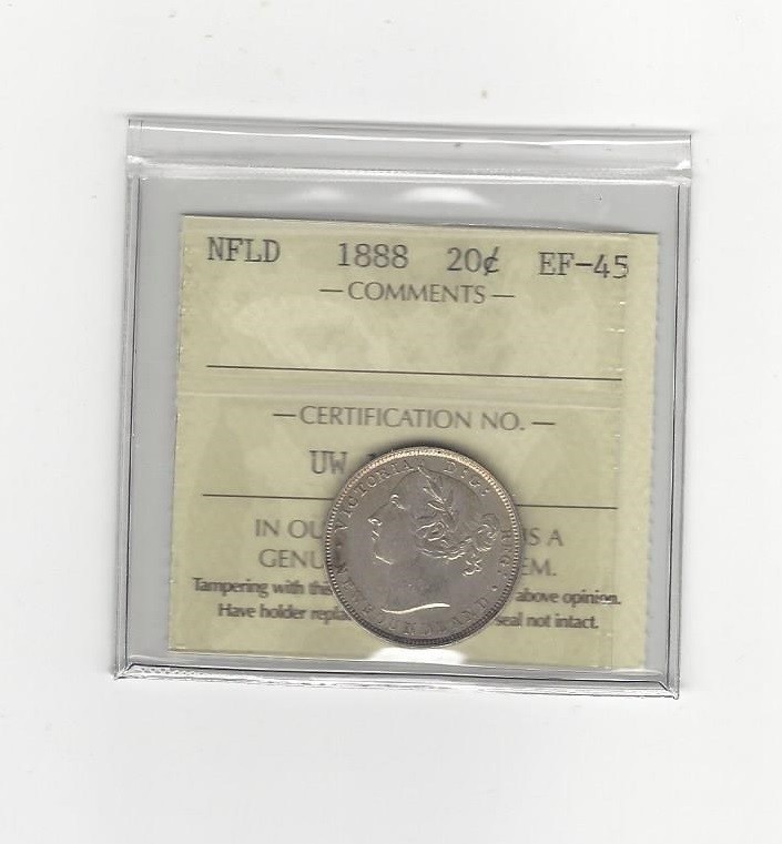 1888  ICCS Graded Newfoundland,  ¢20  Cent, **EF-45**