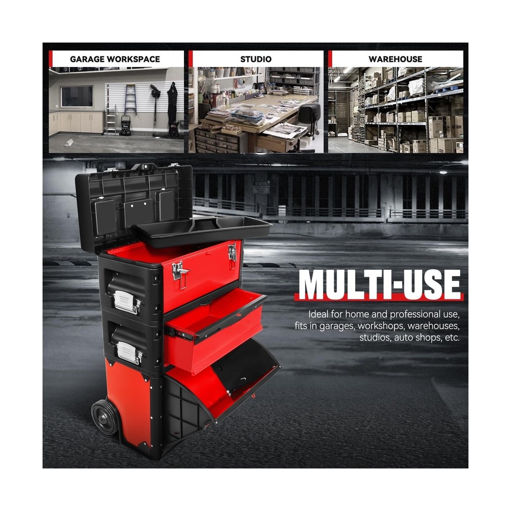 Auto Dynasty Stackable Tool Box 3-Tier Tool Separate Organizer Rolling Tool C...