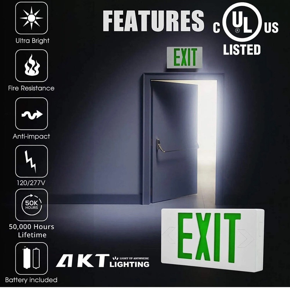 2 Pack Green LED Exit Sign Emergency Light Battery Backup UL924