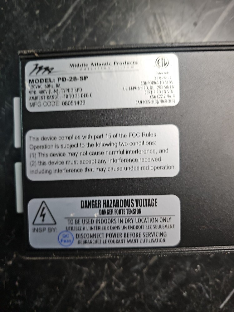 Middle Atlantic PD-28-SP 8A Power Distribution
