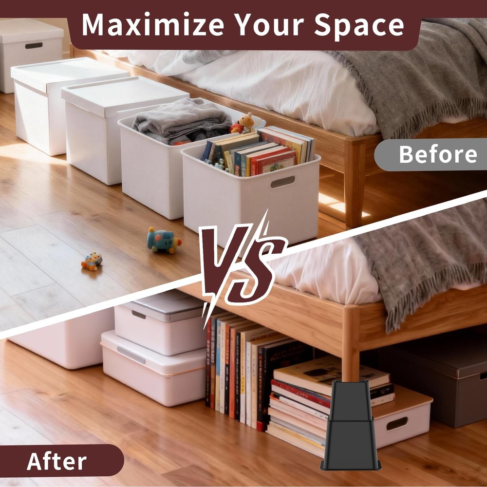 Adjustable Bed Risers 3 5 8 Inch Heavy Duty Stackable 4 Pack Black 1300lb