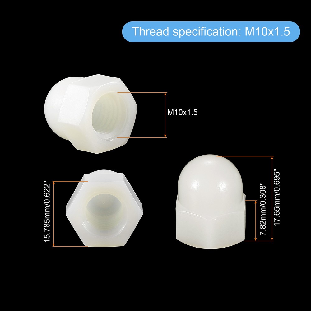 M10x1.5 Acorn Cap Nuts, 25Pcs Nylon Hex Acorn Cap Nuts, White