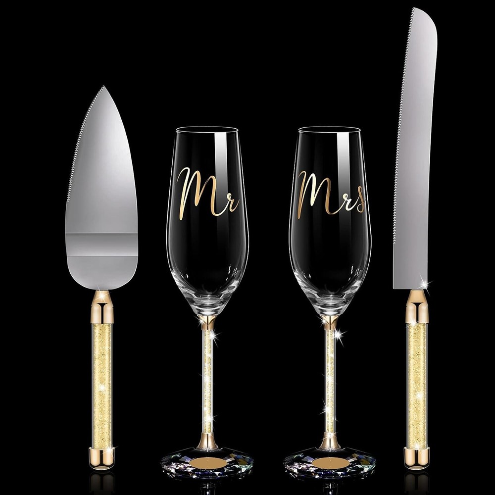 Wedding Knife and Server, Crystal Glasses Engraved Mr & Mrs, Cake Cutting Set