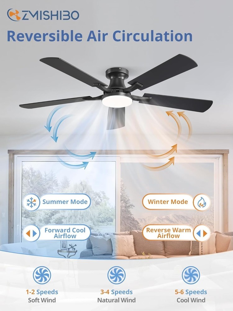 Modern 52" Ceiling Fan - RGB LED Light, Low Profile