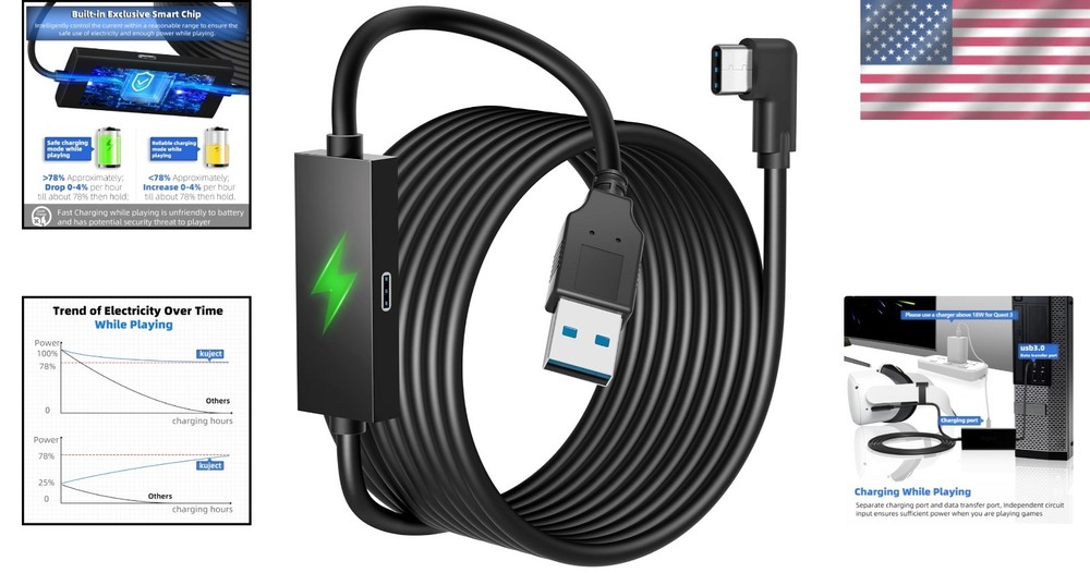 Durable 16FT USB Type A to C Link Cable for Quest 3/2 - Safe Charging Experience