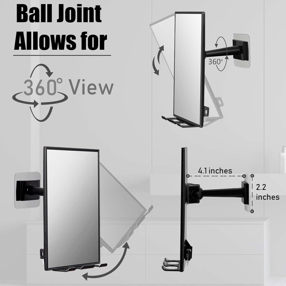 Shower Mirror for Shaving with 2 Replaceable Adhesive - Two Razor Holder, 360°Ro