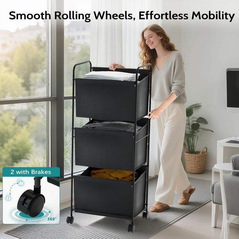 125L Vertical Laundry Hamper with Wheels, 3 Section Large Rolling Laundry Sor...