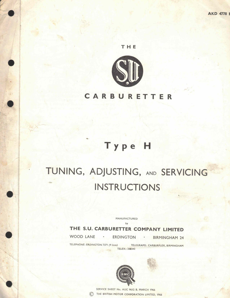 SU TYPE H CARBURETTER INSTRUCTION GUIDES + PUMP SPECIFICATIONS.