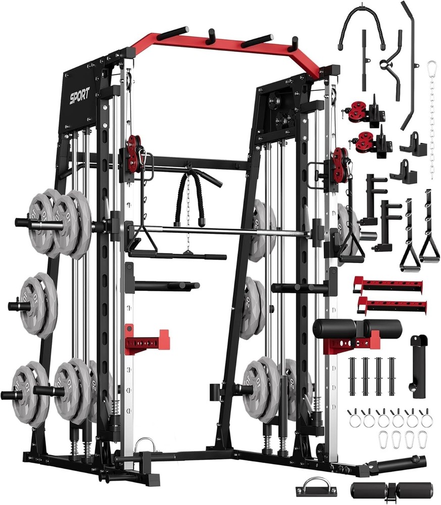 Smith Machine Home Gym 2200LBS Squat Rack Power Cage with LAT Pull-Down ,Workout
