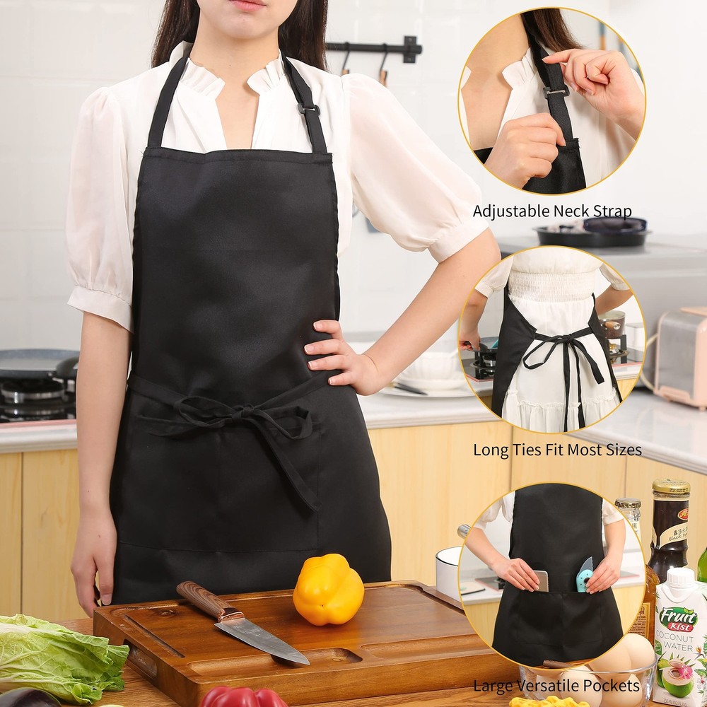 Adjustable Bib Aprons Water Resistant with 2 Pockets Black 2 Pack