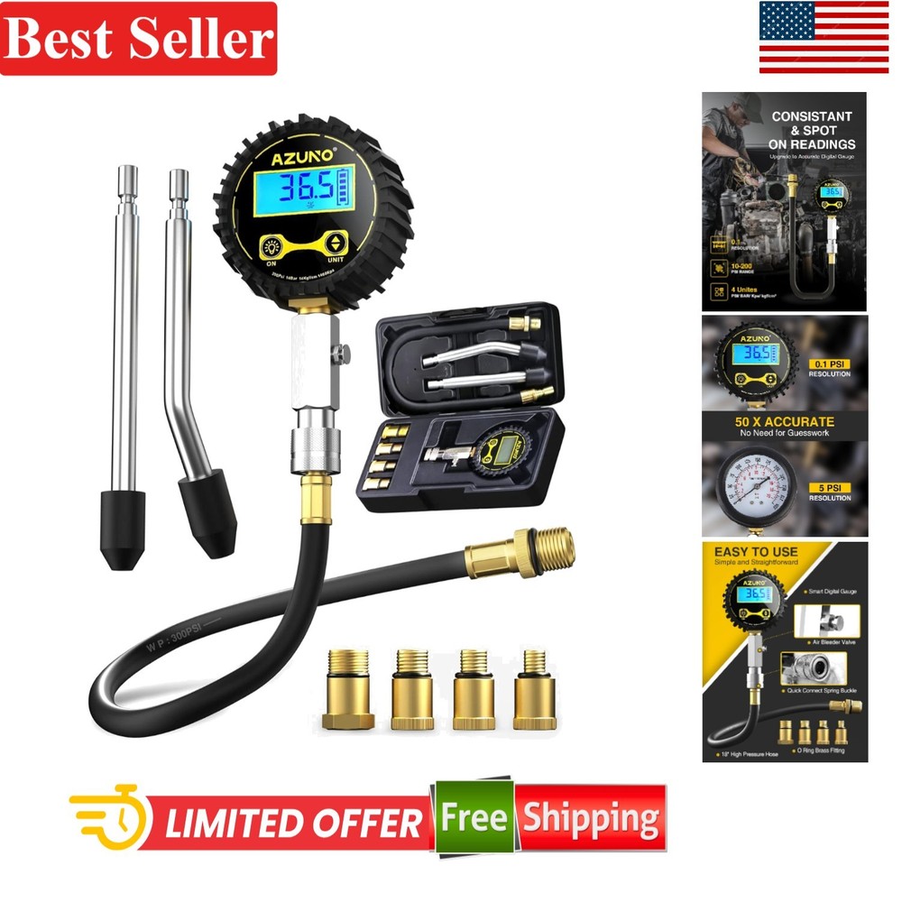 Digital Compression Tester Kit - 200 PSI with Adapters & Hose for Petrol Engines