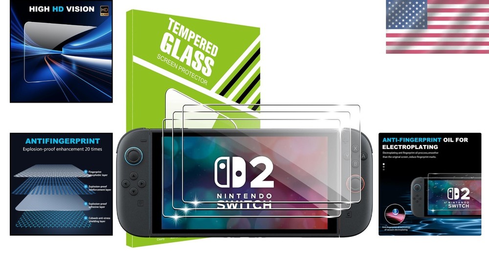 High-Definition 9H Tempered Glass Screen Protectors for NS Switch 2 - 3 Count