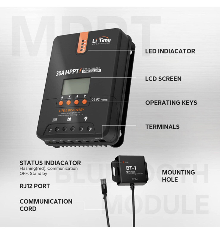Litime 30 Amp 12V/24V DC Input Bluetooth MPPT Solar Charge Controller