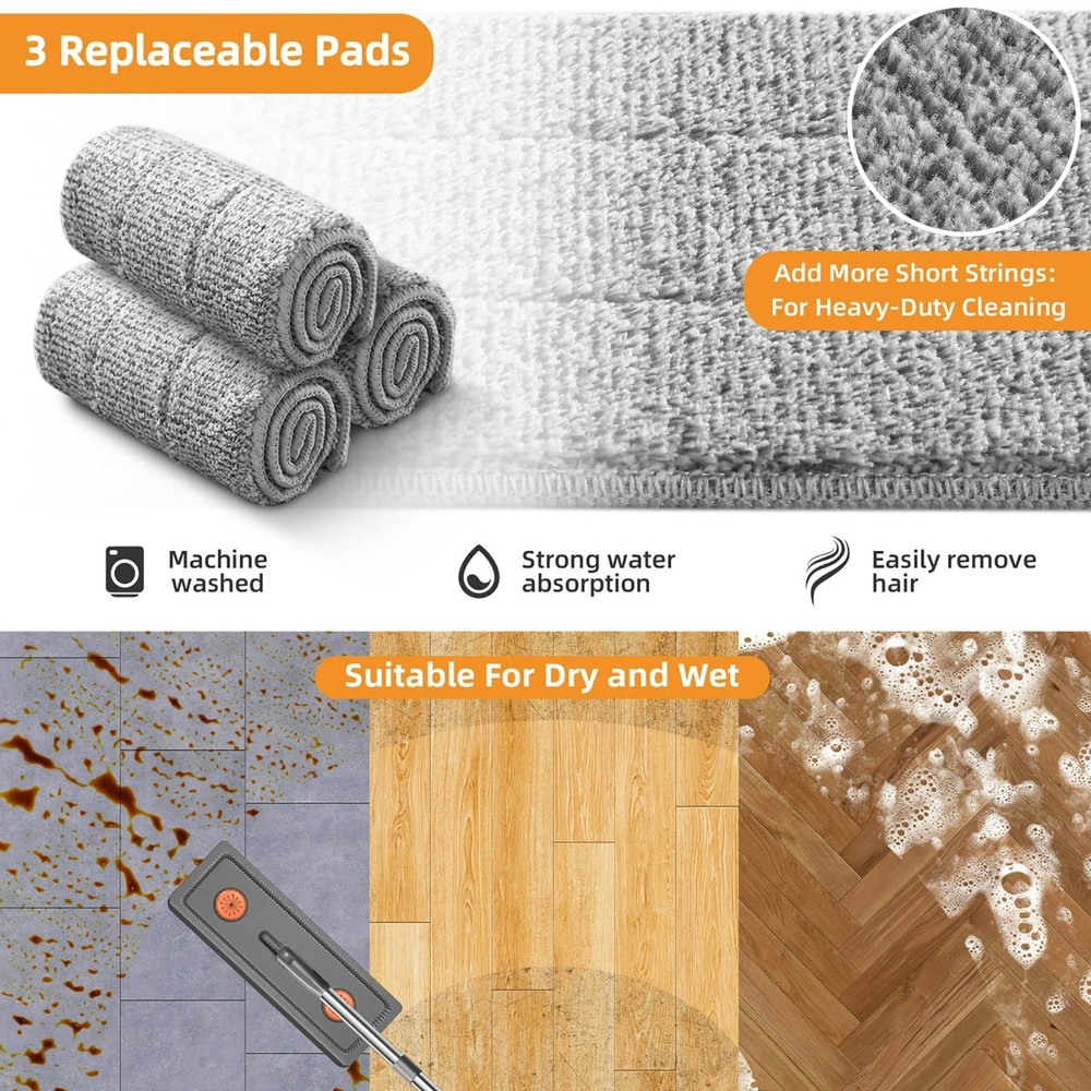 61" Flat Mop and Bucket System with 4 Microfiber Pads - Floor Wall Window Mop