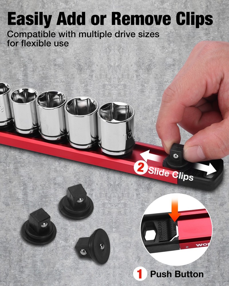 WORKPRO 3/8" Drive Magnetic Socket Organizer with 10Pcs Removable Socket Clips