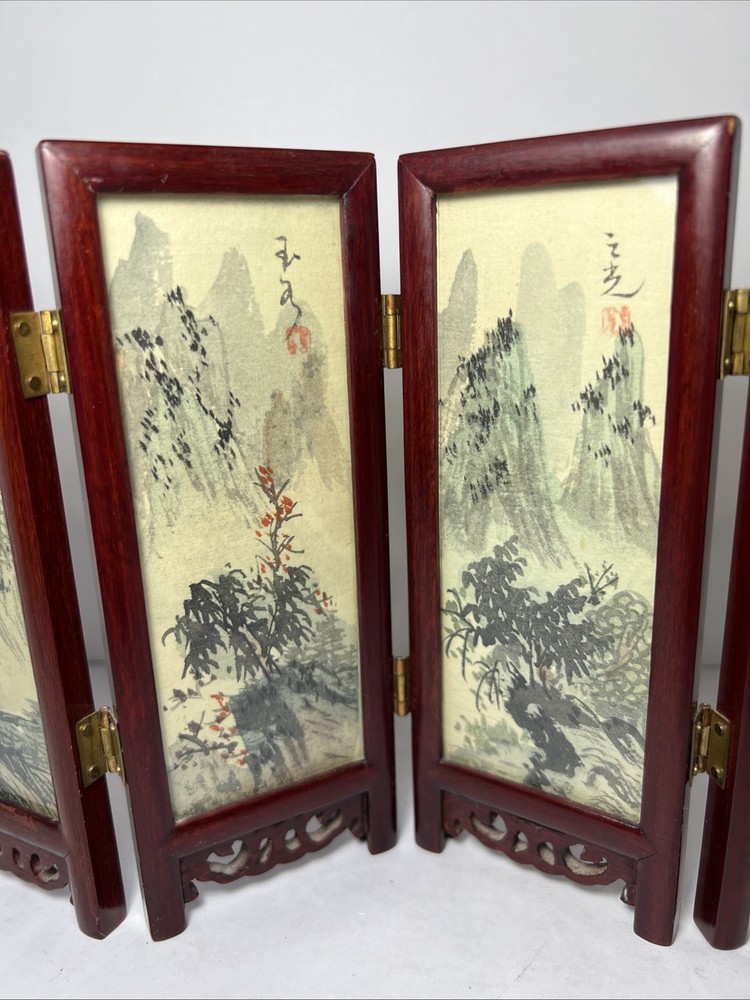 Oriental Style 4-Panel Double Sided Tabletop Folding Screen w/ Glass Panels
