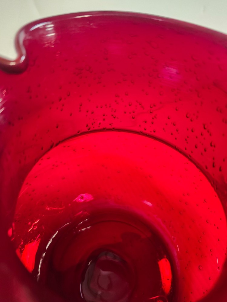 Artland Iris Ruby Red Hand Blown 80 oz Pitcher – 7.25" Tall, Seeded Bubbles