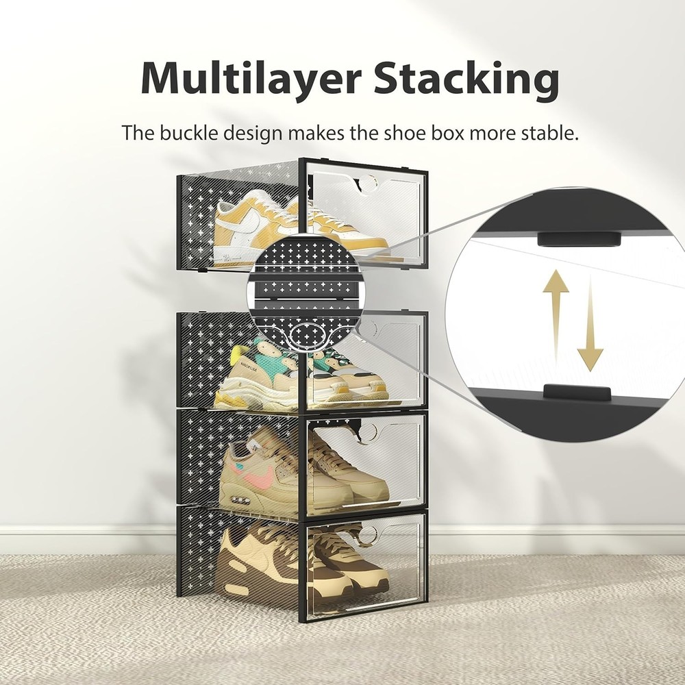 XXL Shoe Storage Box Fit for Size 14, Clear Plastic Stackable Shoe Organizer ...