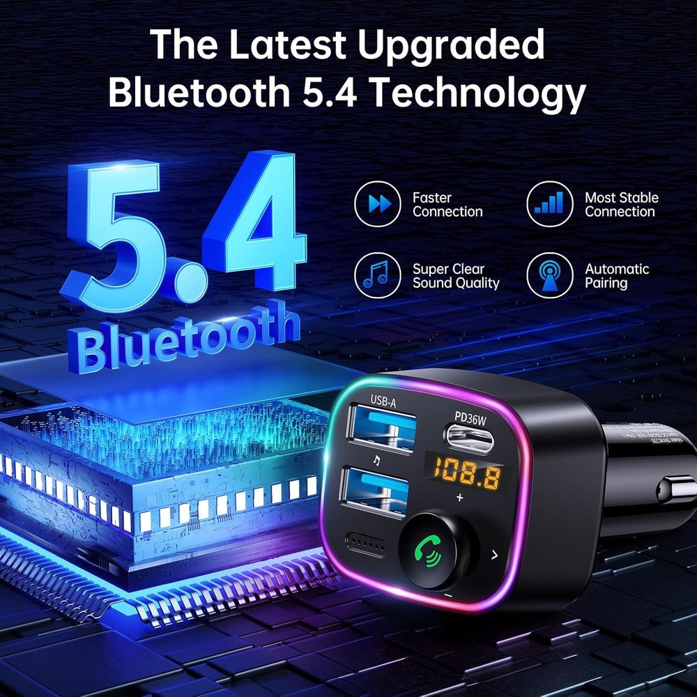 Syncwire Bluetooth 5.4 FM Transmitter Car Adapter 48W (PD 36W & 12W) [Light Swit