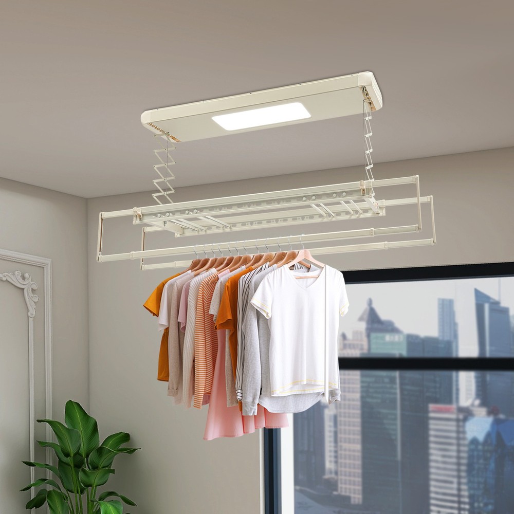 Ceiling-mounted Clothesline, Resealable Vertical Drying Rack W/ Light 8 Rods