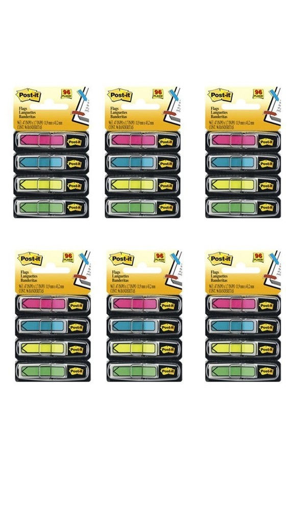 Post-it Arrow Flags, Assorted Bright, 1/2" Wide, 24/Dispenser, 4-Pack, 6 Total