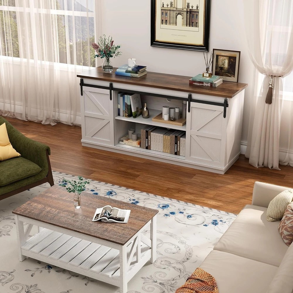 Large White TV Stand, Sliding Barn Doors, Console Table, 58"
