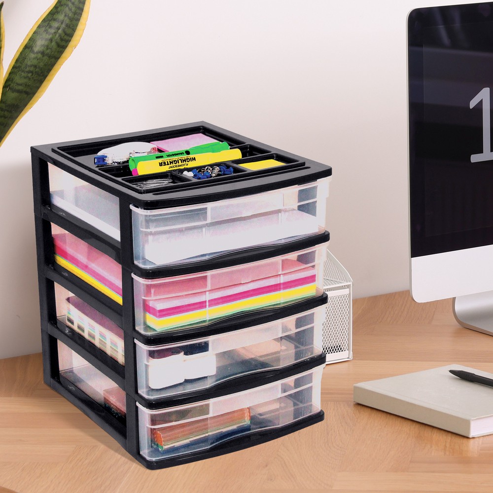 Gracious Living 4 Drawer Desktop Storage Unit with Organizer Lid, Black (3 Pack)