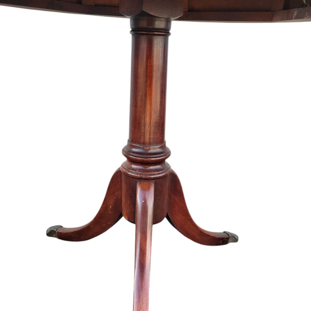 1940s Mahogany Round Side Table with Tooled Leather Top and Brass Pull Decor