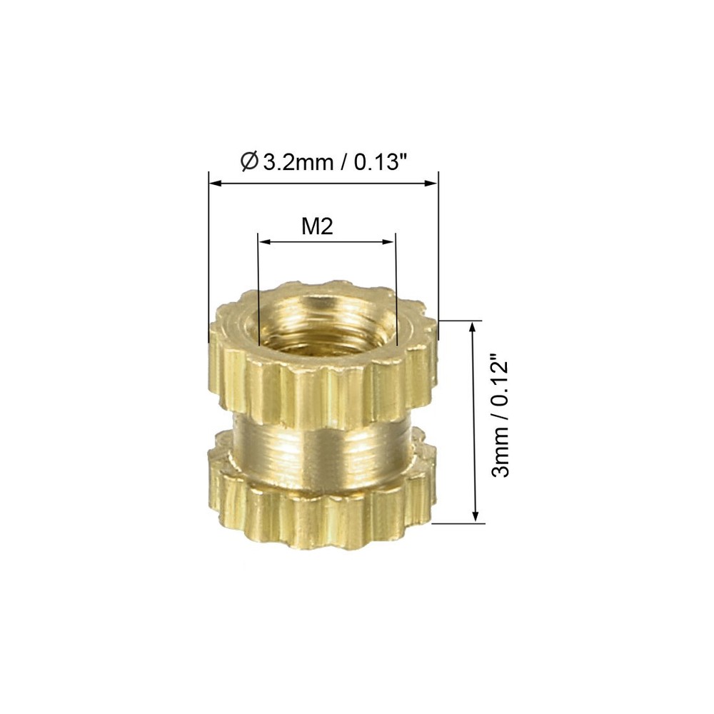 M2 x 0.4mm Female Brass Knurled Threaded Insert Embedment Nuts 100PCS