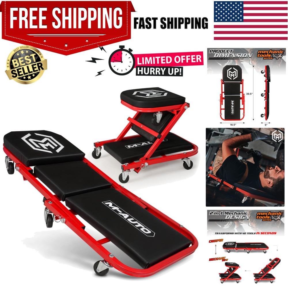 40-Inch Folding Creeper Rolling Seat, All-in-One Adjustable Roller Garage Cha...
