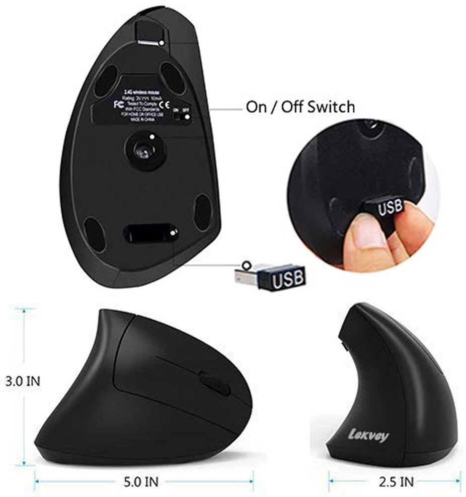Ergonomic Mouse, Vertical Wireless Mouse - Rechargeable 2.4GHz, 6 Buttons