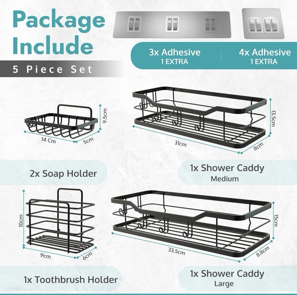 Adhesive Shower Caddy, 5 Pack Rustproof Stainless Steel Bath Organizers