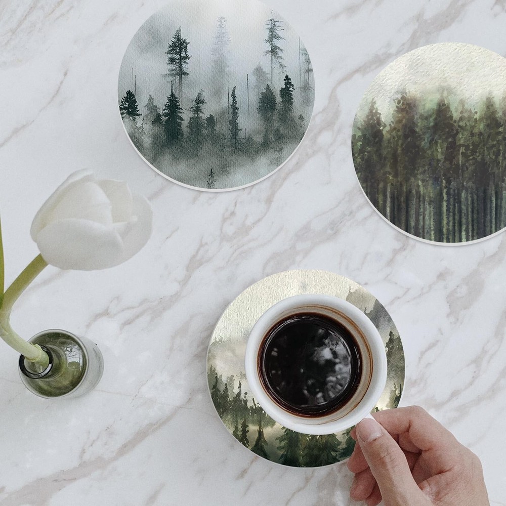Whaline 6Pcs Forest Coasters with Holder Misty Forest Ceramic Drink Coasters ...