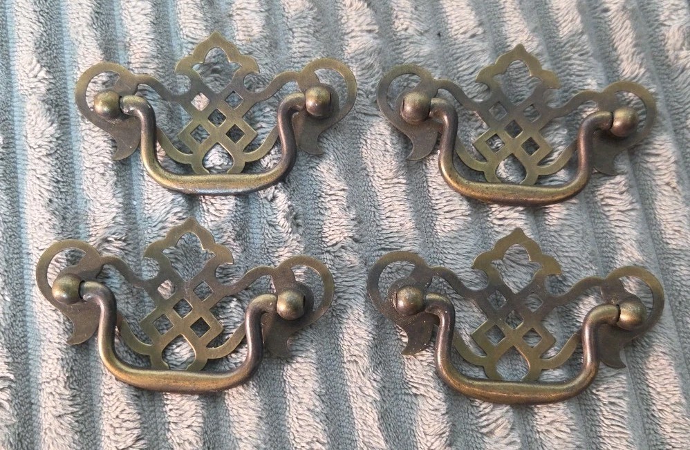 4 MCM Vintage Metal Drawer Pulls Handles Screw Hole 2.5" OC Drop Pull