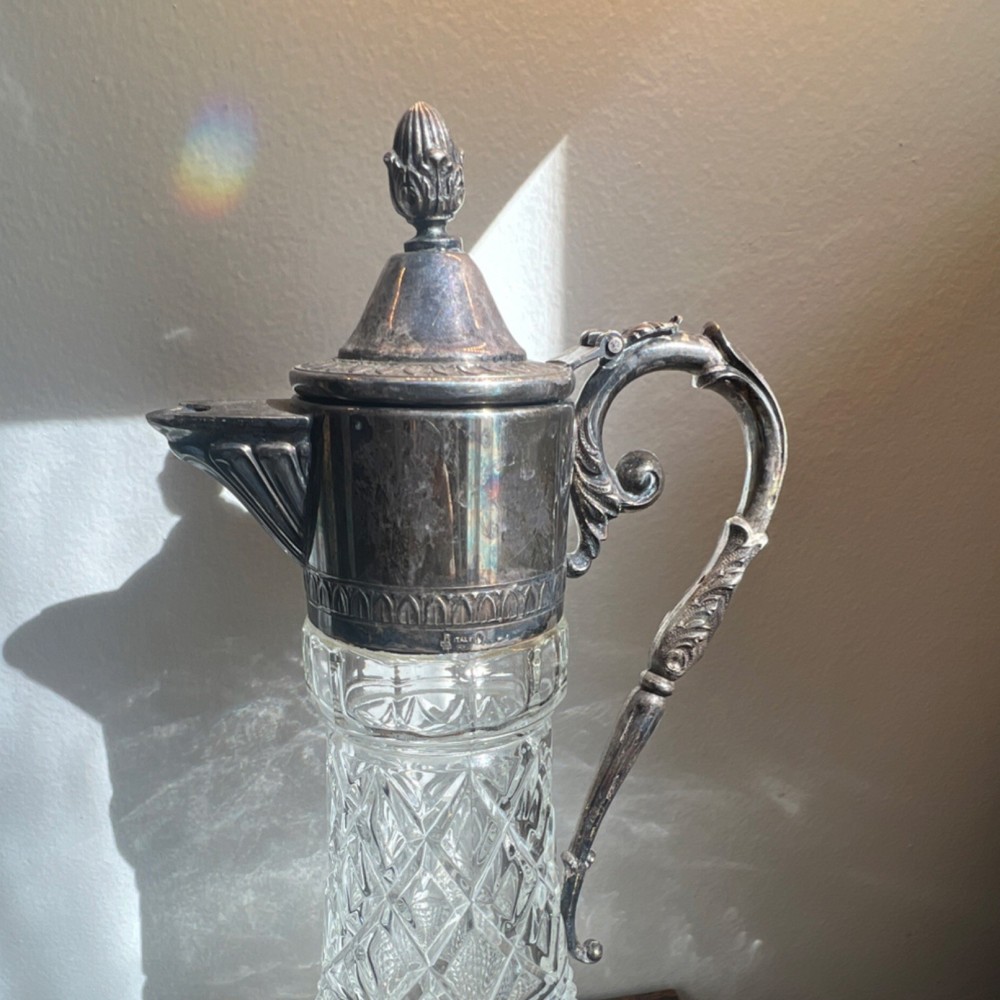 Italian Silverplate Cut Glass Lidded Pitcher Victorian Diamond Pattern