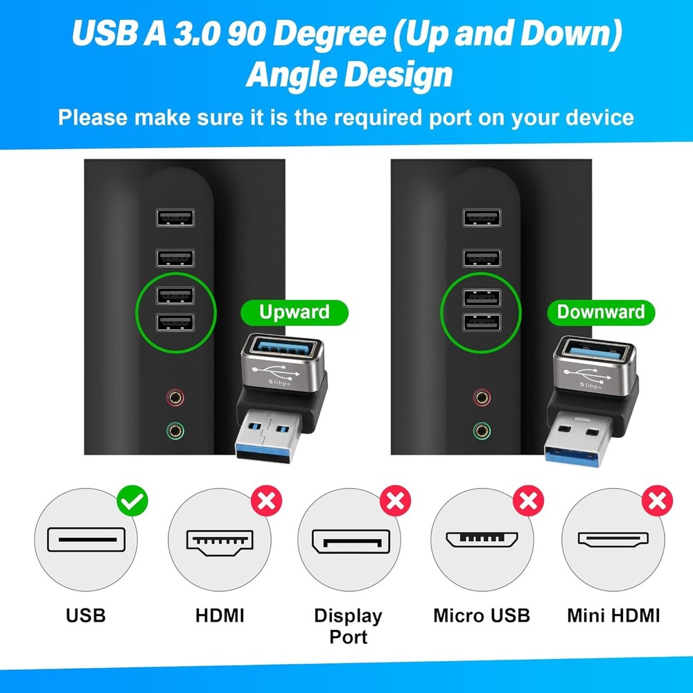 90 Degree USB 3.0 Adapter 2 Pack, (Up and Down) Right Angle USB Type-A