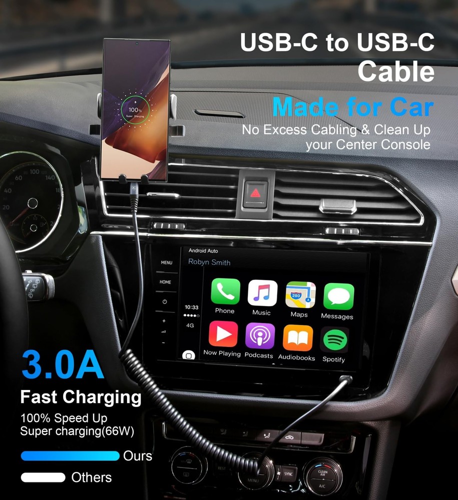 USB C to C Cable 3ft 2Pack Coiled C Charger for Car Type 3FT, Black
