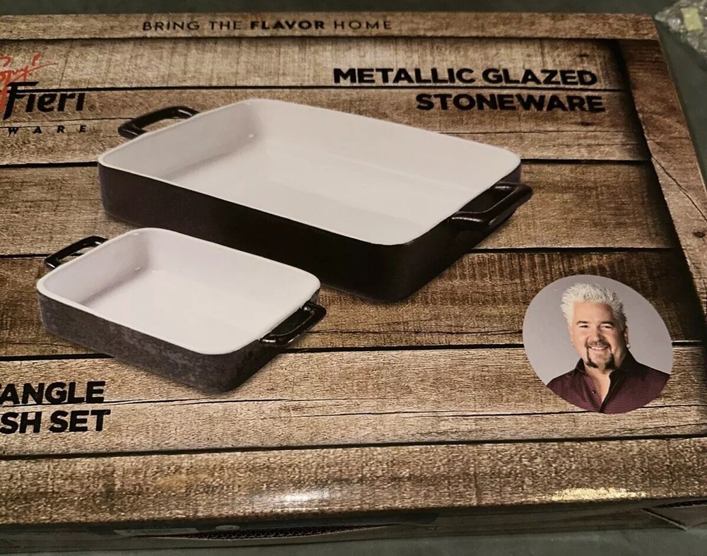 Guy Fieri Bakeware 2 Piece Square Baking Dish Set Metallic Glazed Stoneware New