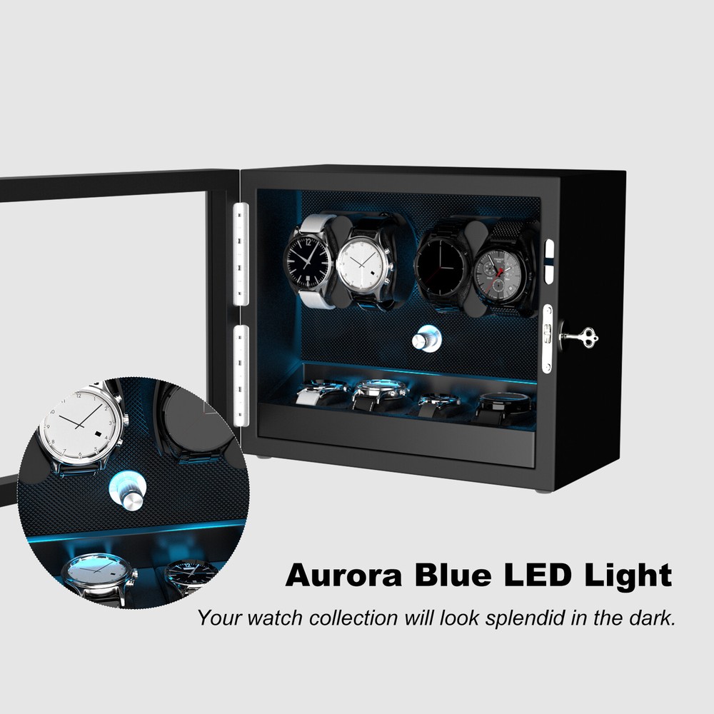 New Automatic 4 Watch Winder 4 Extra Storage Display Watch Box Blue LED Gift