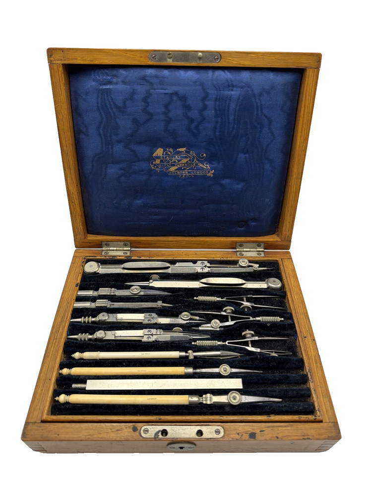 STANLEY LONDON ANTIQUE VICTORIAN ENGINEERING DRAFTING INSTRUMENT SET - OAK CASE