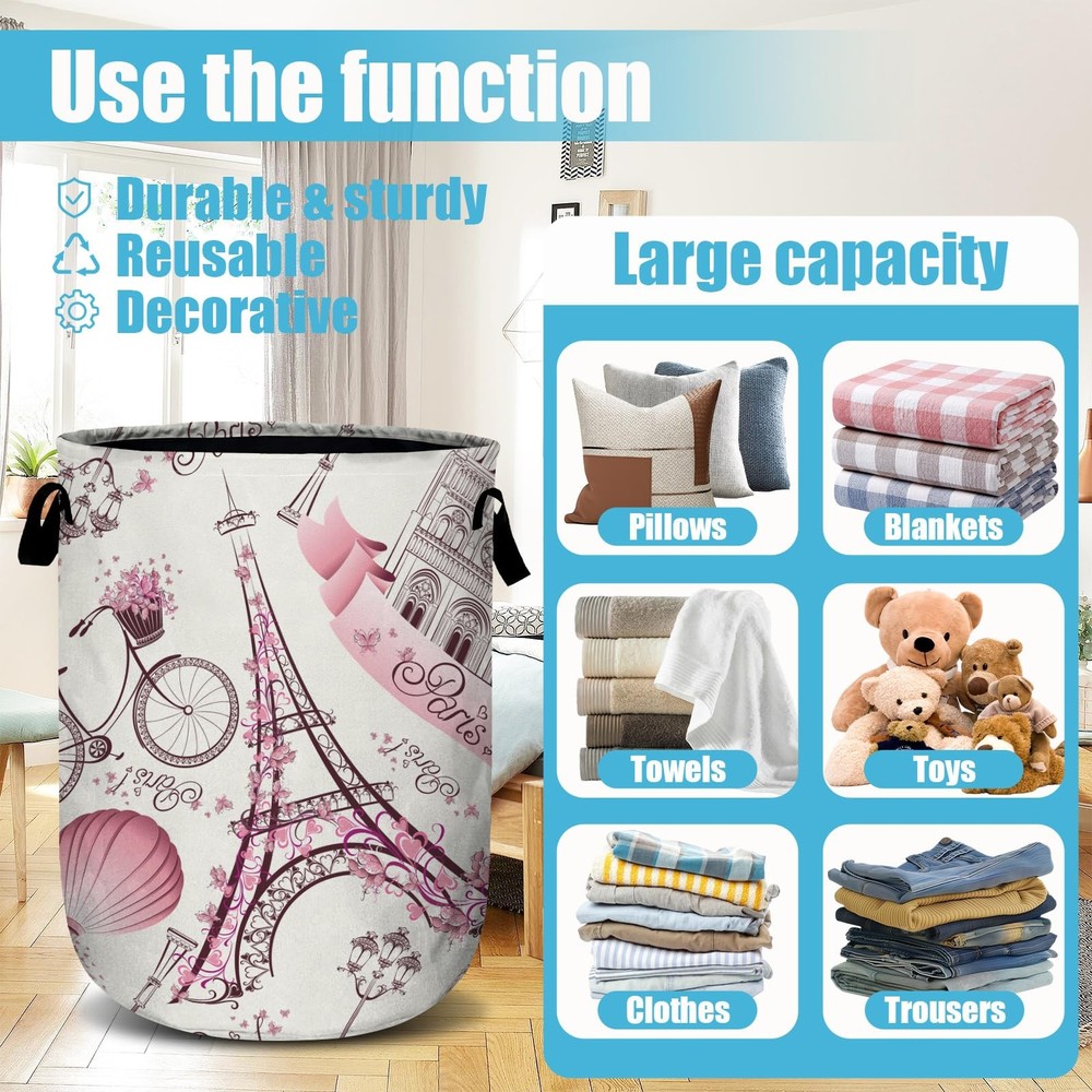Romantic Paris Eiffel Tower Laundry Basket, Laundry Hamper Collapsible Oxford...