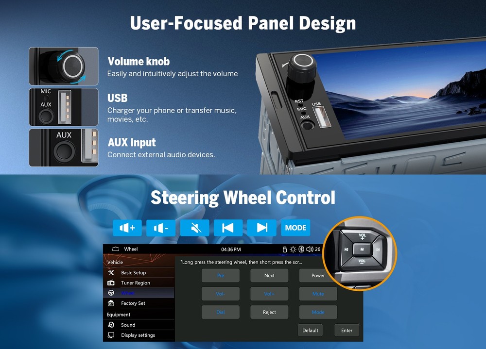 Single 1 DIN 6.36" Touchscreen Stereo Wireless CarPlay Android Auto w/ Bluetooth