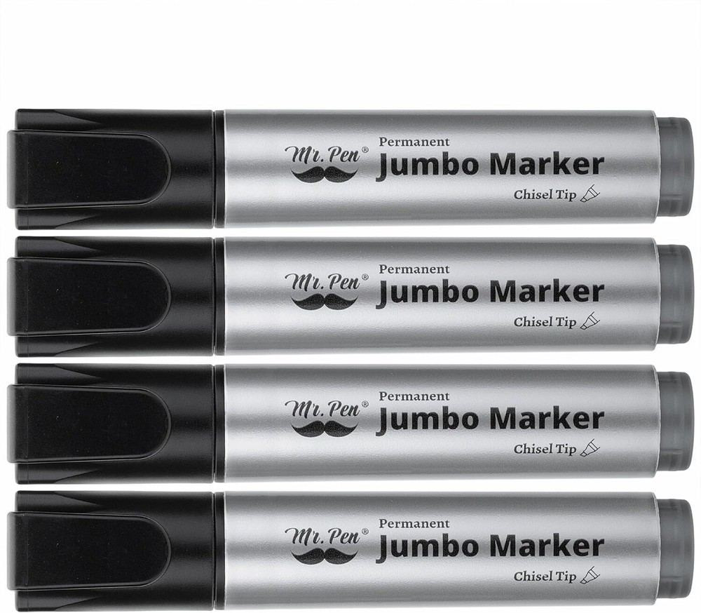 Jumbo Permanent Markers 4 Pack Chisel Tip Black - Thick Wide Tip Large Size