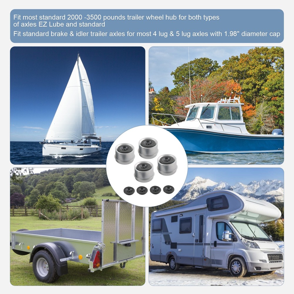 4 pcs Trailer 1.98" Axle EZ Lube Grease Hub Cover Dust Cap Cup&Extra Rubber Plug